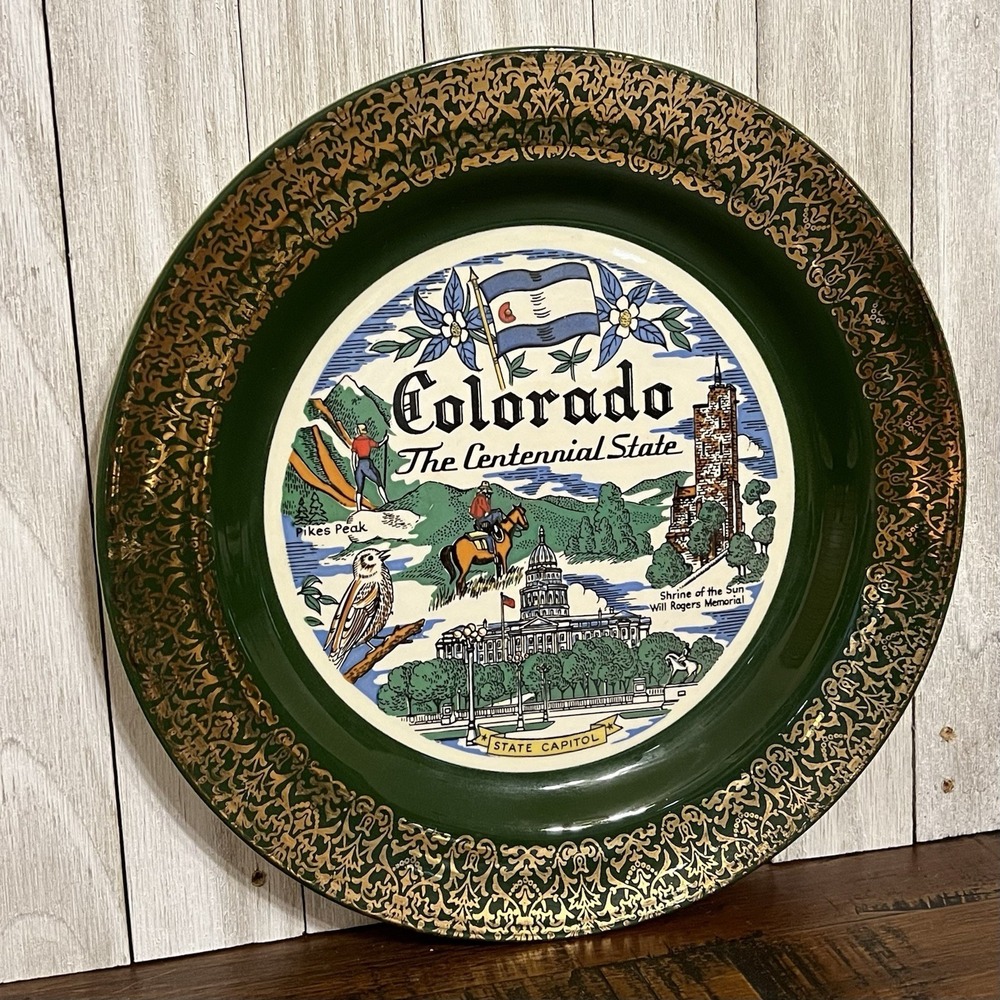 Vintage Nautilus Colorado 22K Green Souvenir Plate Centennial State Pikes 10"